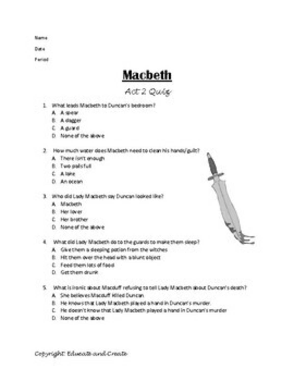 An educational teaching resource from Educate and Create entitled Macbeth Act 2 Quiz downloadable at Teach Simple.