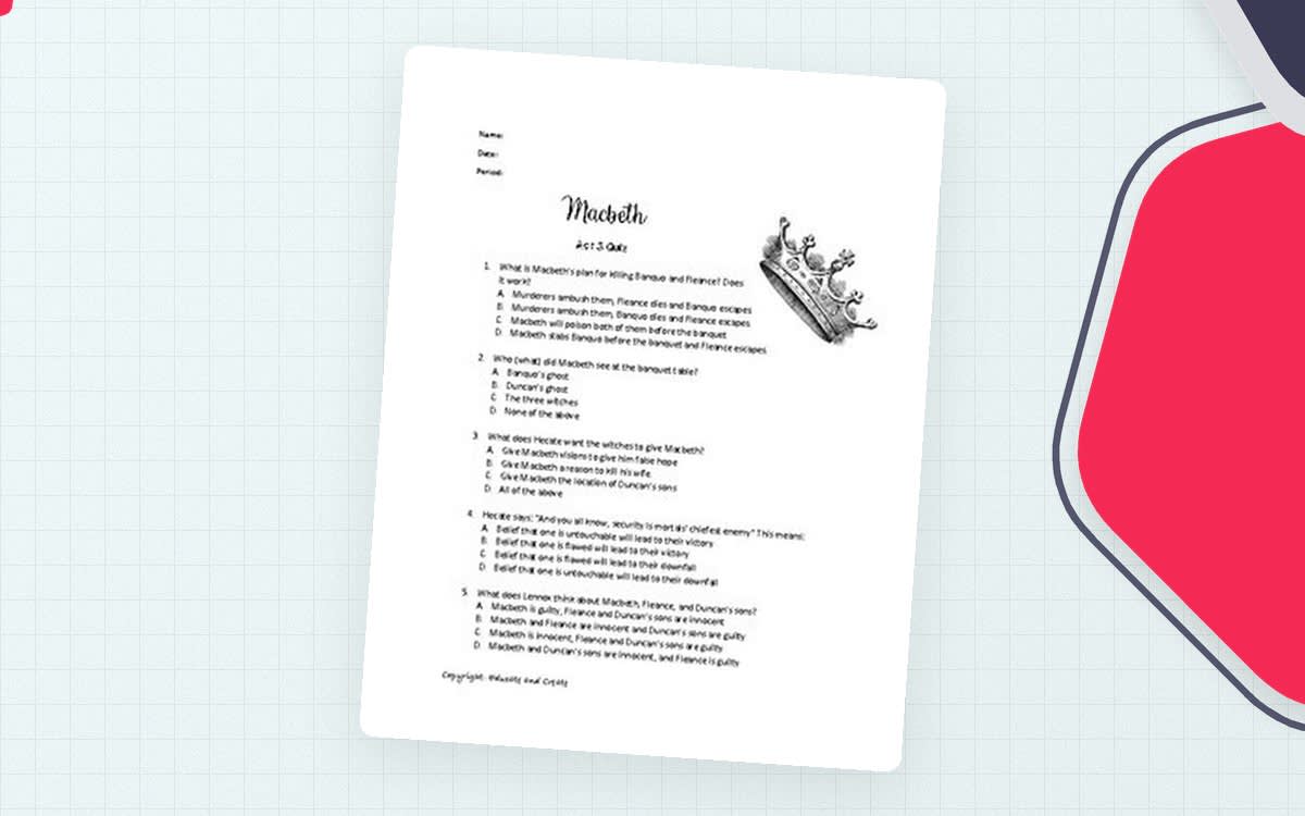 An educational teaching resource from Educate and Create entitled Macbeth Act 3 Quiz downloadable at Teach Simple.