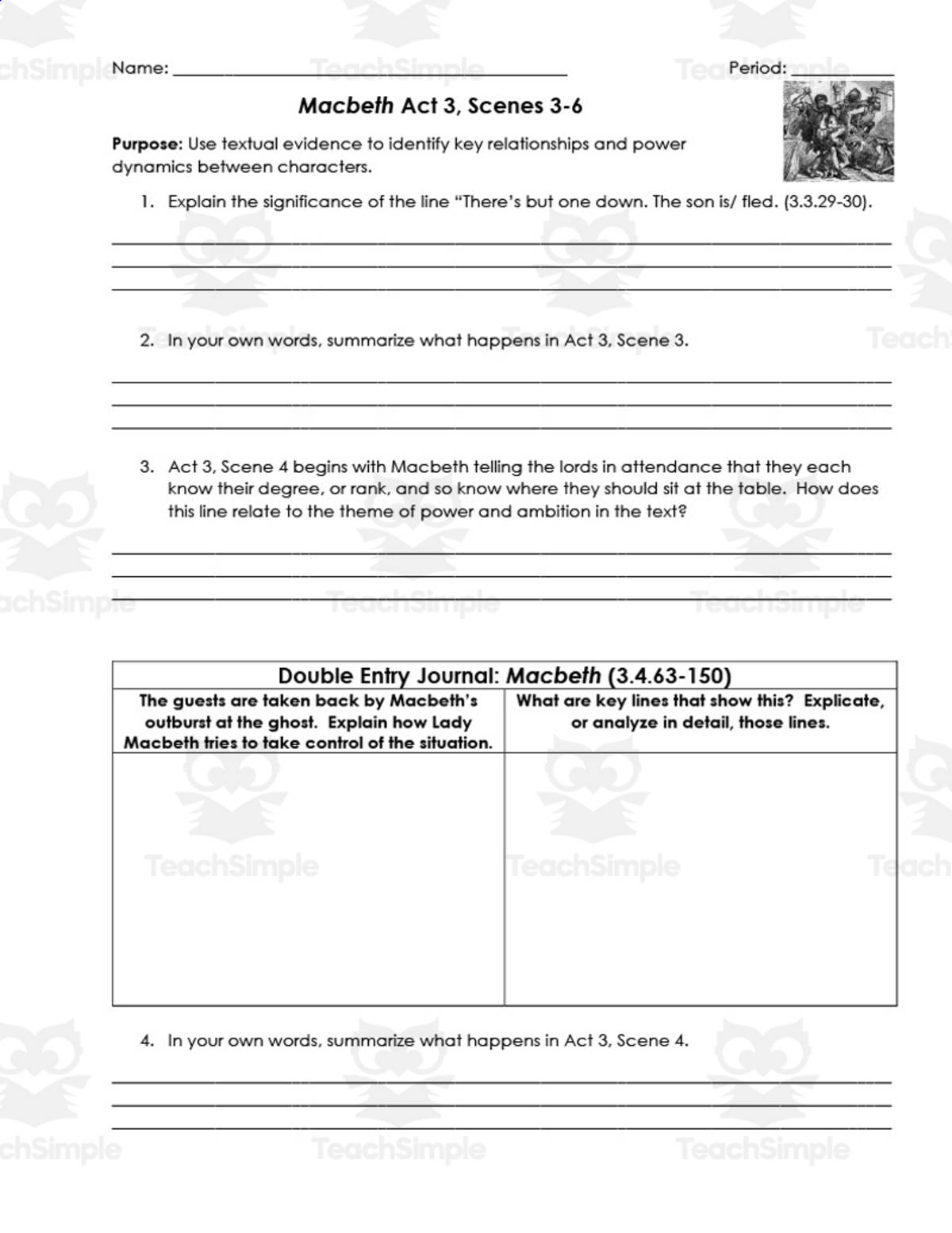An educational teaching resource from ELA Resources entitled Macbeth Act 3, Scenes 3-6 | Double Entry Journals downloadable at Teach Simple.
