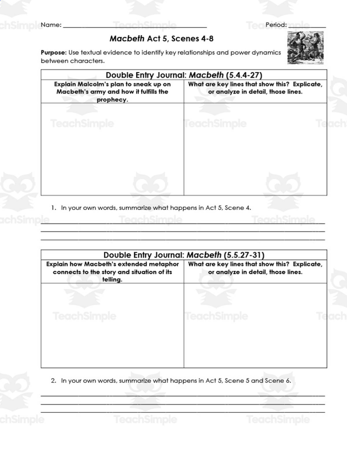 An educational teaching resource from ELA Resources entitled Macbeth Act 5, Scenes 4-8 | Double Entry Journals downloadable at Teach Simple.
