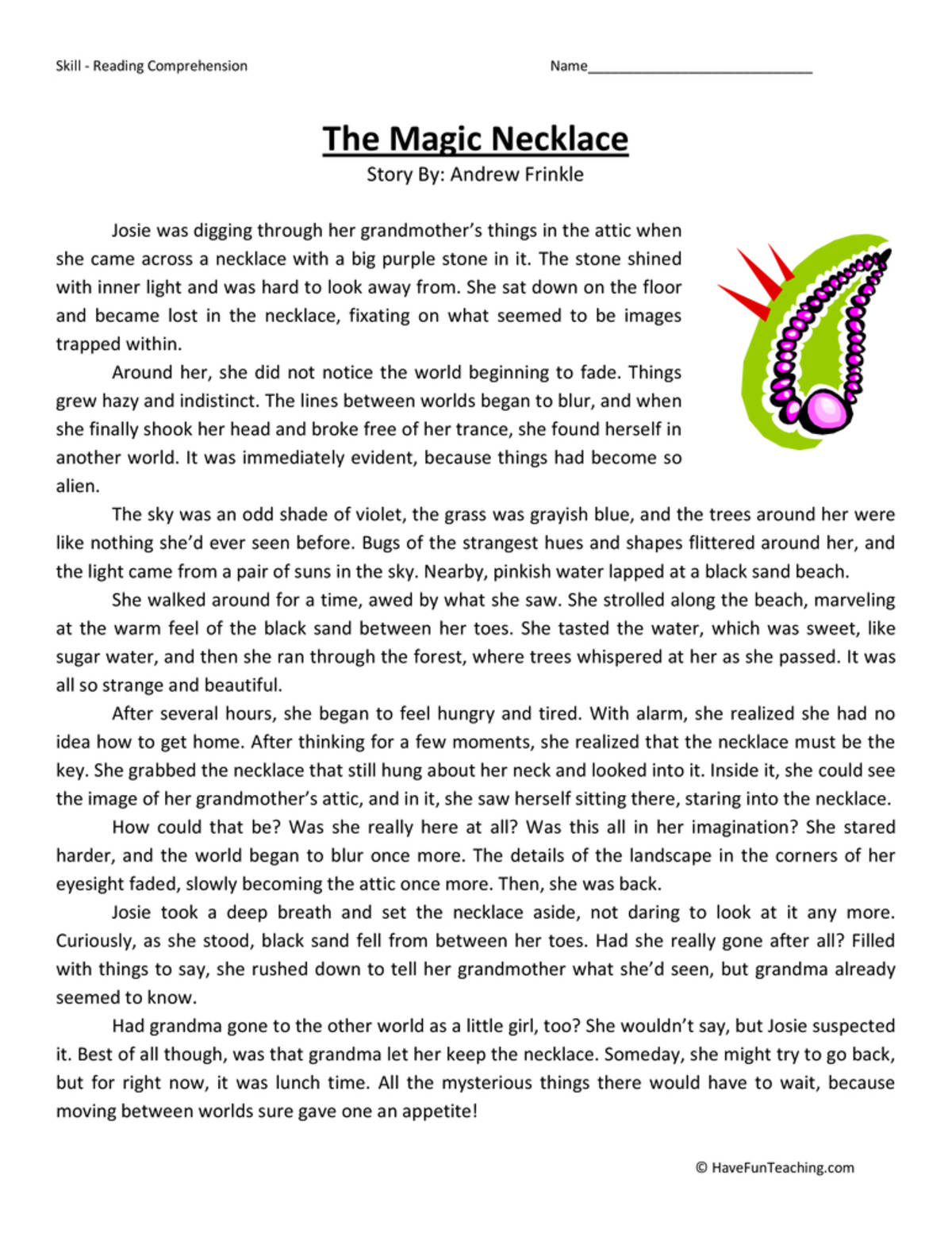 An educational teaching resource from Have Fun Teaching entitled Magic Necklace Reading Comprehension Worksheet downloadable at Teach Simple.