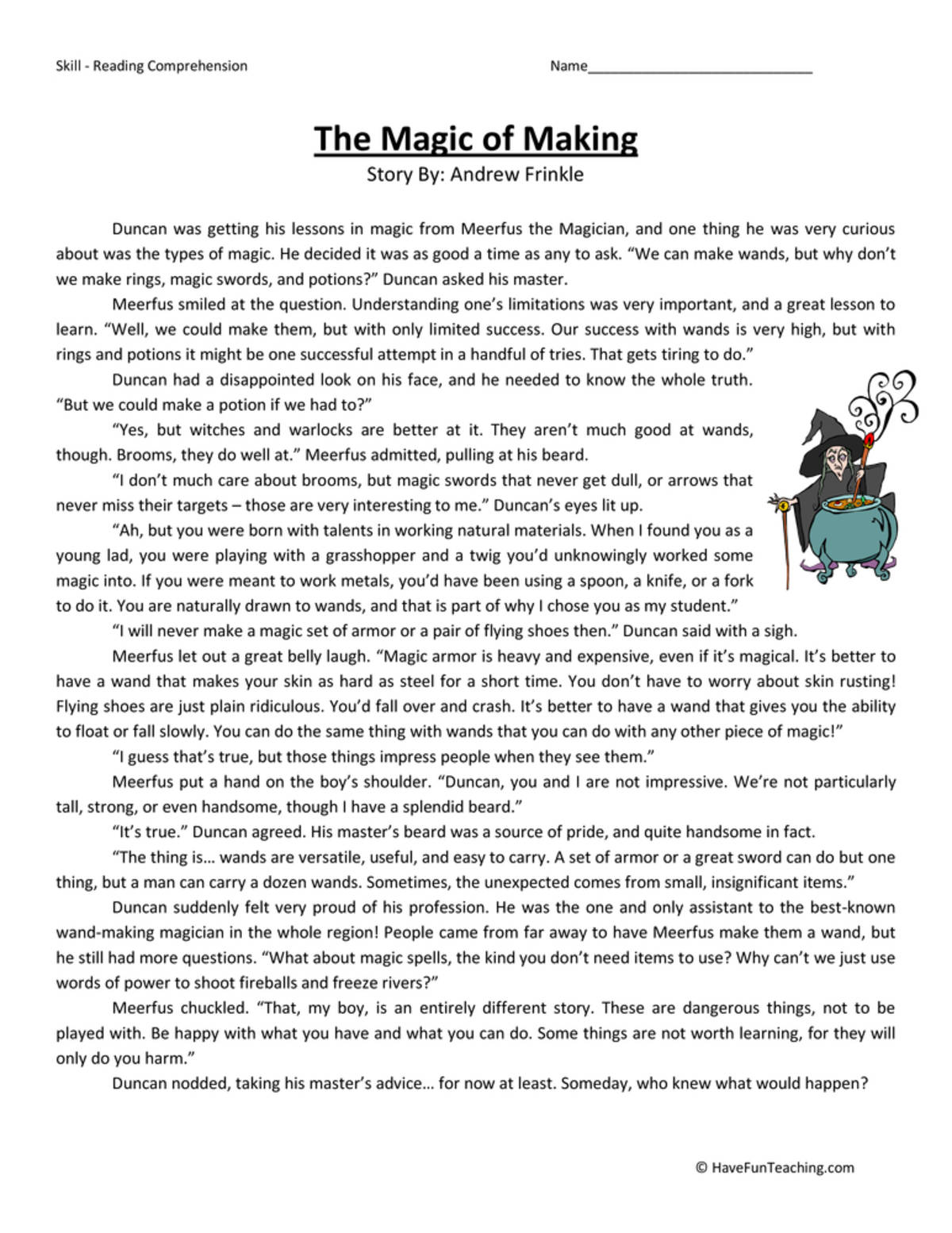 An educational teaching resource from Have Fun Teaching entitled Magic of Making Reading Comprehension Worksheet downloadable at Teach Simple.
