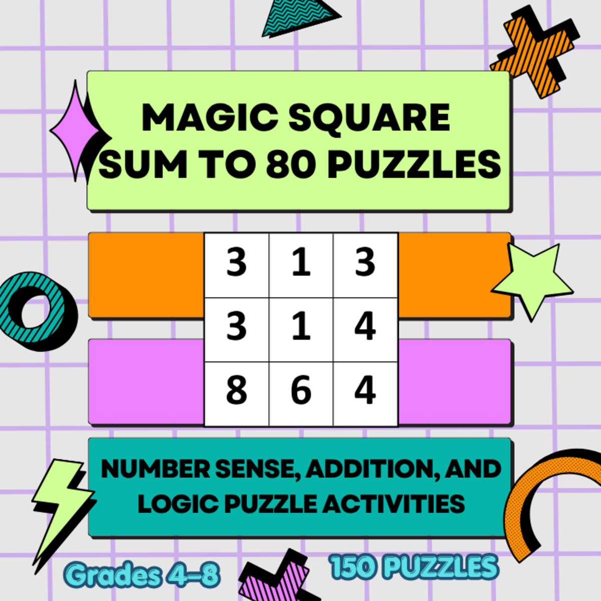 An educational teaching resource from Kind Minds Classroom Tech entitled Magic Square Puzzles, Sum to 80 Number Logic Puzzles downloadable at Teach Simple.