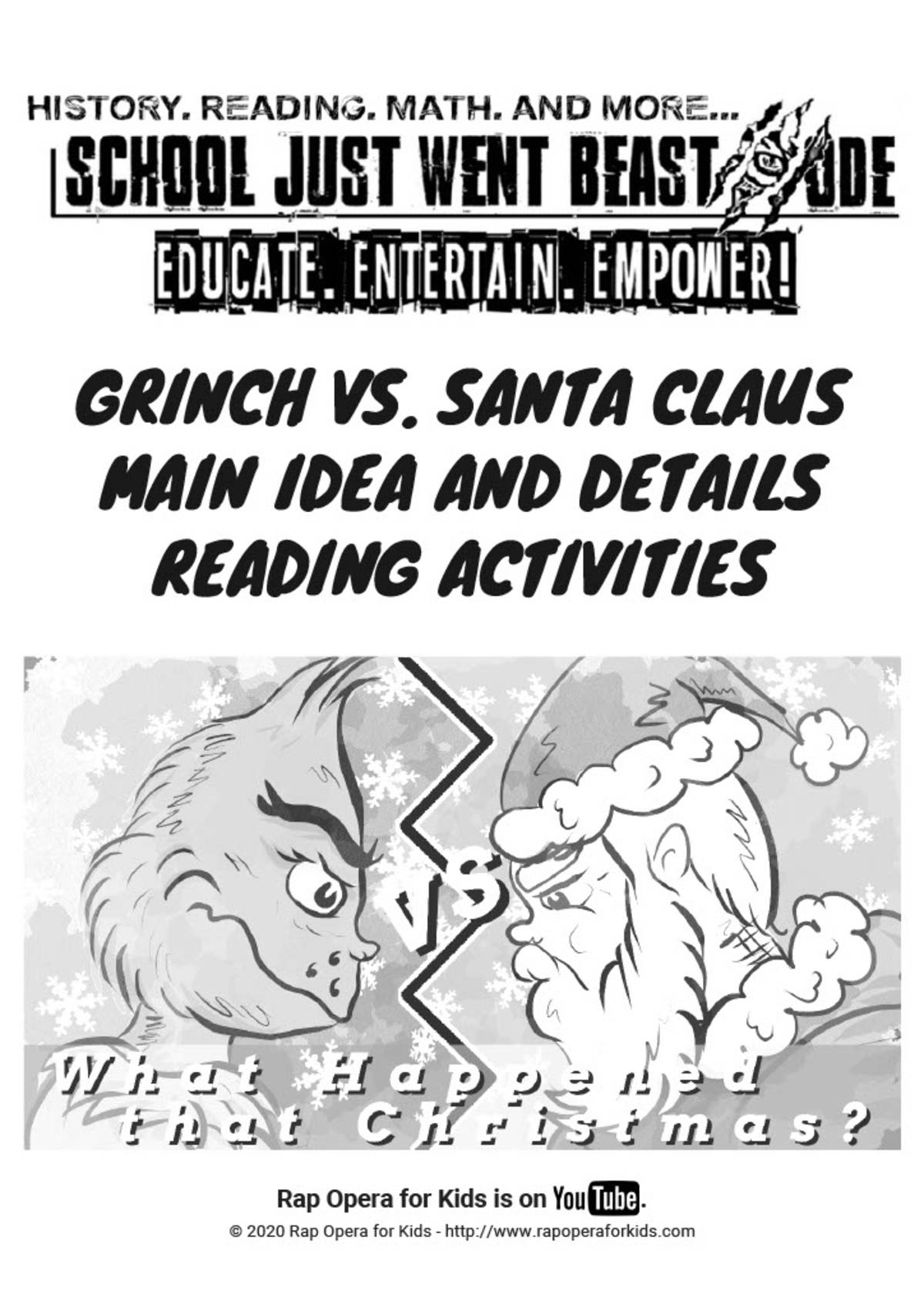 An educational teaching resource from Rap Opera for Kids! entitled Main Idea and Details Activities: Grinch vs. Santa Claus | Passage with Questions downloadable at Teach Simple.