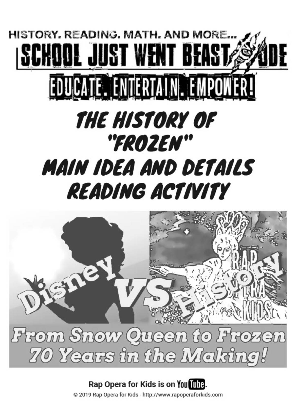 An educational teaching resource from Rap Opera for Kids! entitled Main Idea and Details Activities: The History of "Frozen" | Passage with Questions downloadable at Teach Simple.