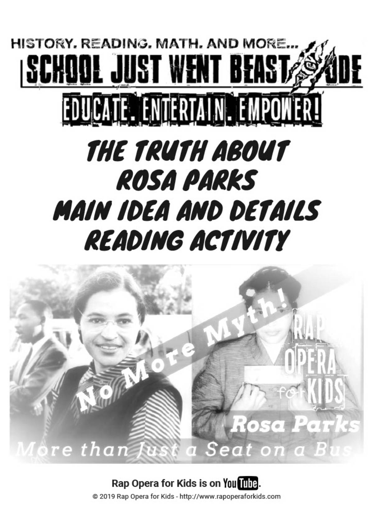 An educational teaching resource from Rap Opera for Kids! entitled Main Idea and Details Activities: The Truth About Rosa Parks | Nonfiction Passage with Questions downloadable at Teach Simple.