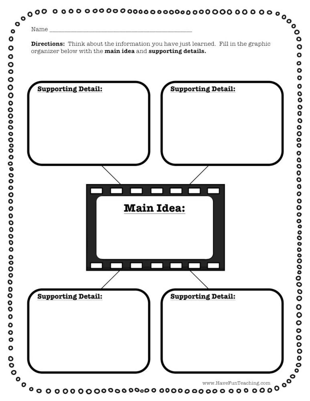 An educational teaching resource from Have Fun Teaching entitled Main Idea and Four Supporting Details Graphic Organizer Worksheet downloadable at Teach Simple.
