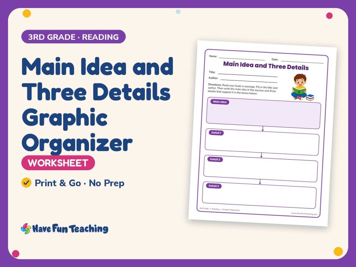 Main Idea and Three Details Graphic Organizer Worksheet – 3rd Grade preview