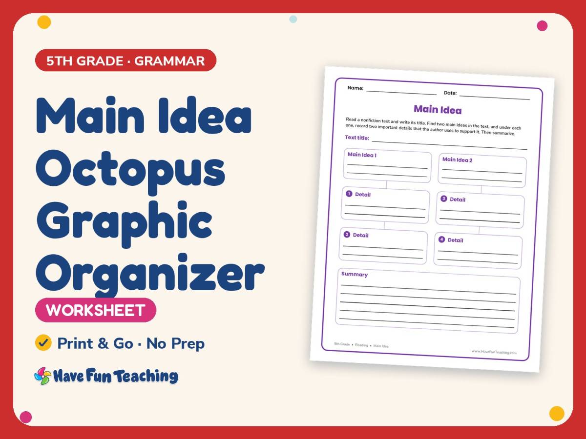 Main Idea Octopus Graphic Organizer – 5th Grade Grammar Practice preview