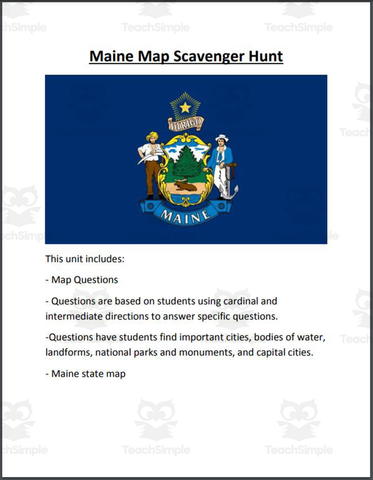 An educational teaching resource from Mr. Matthews Teacher Store entitled Maine Map Scavenger Hunt downloadable at Teach Simple.
