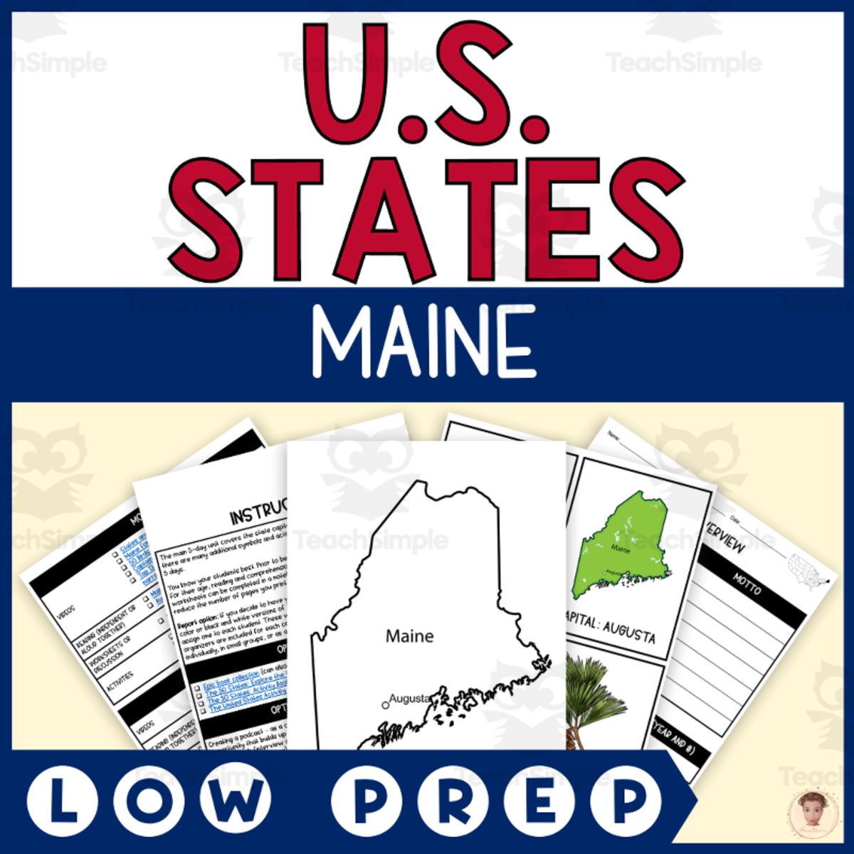 An educational teaching resource from Heather Huhman entitled Maine State Unit Study (Capital, Bird, Flower, Flag, Animal) downloadable at Teach Simple.