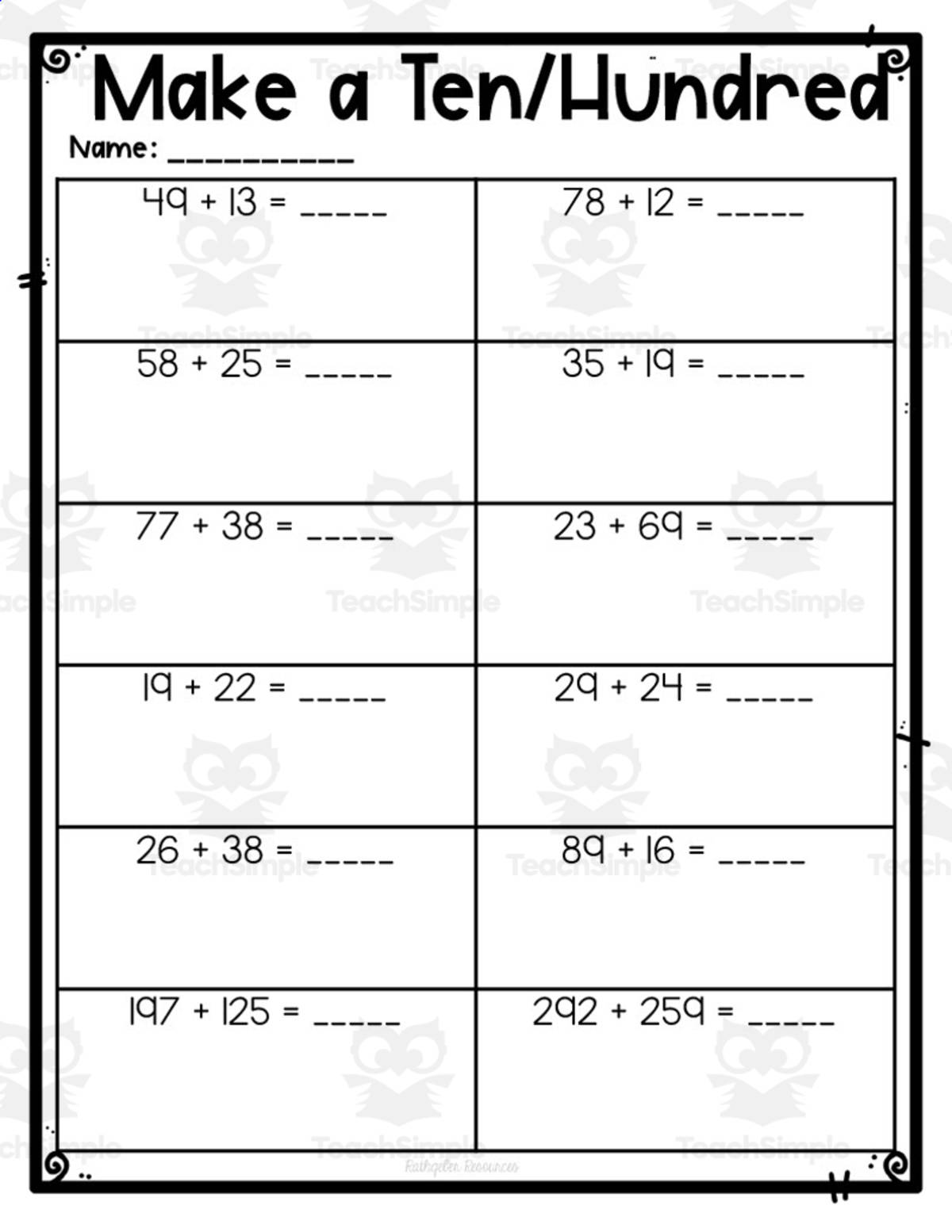 An educational teaching resource from Rathgeber Resources entitled Make A Ten/Hundred Worksheet downloadable at Teach Simple.