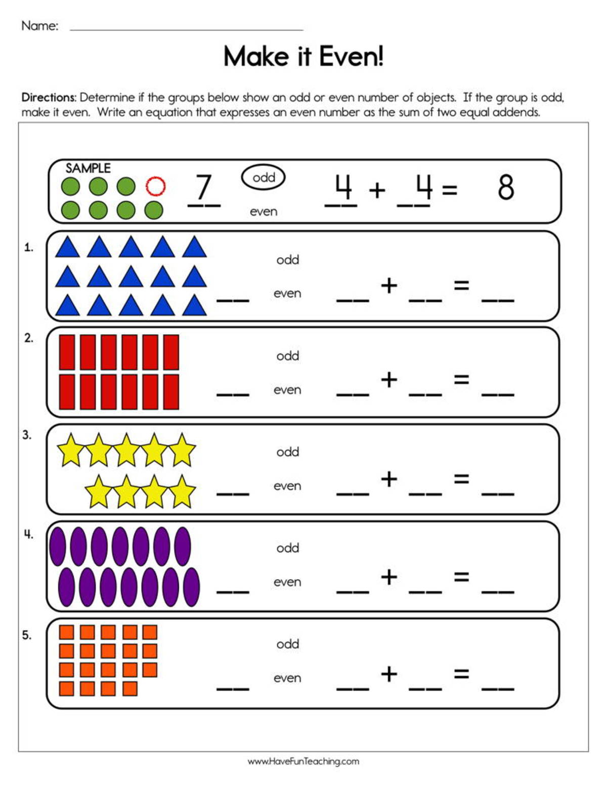 An educational teaching resource from Have Fun Teaching entitled Make it Even Worksheet downloadable at Teach Simple.