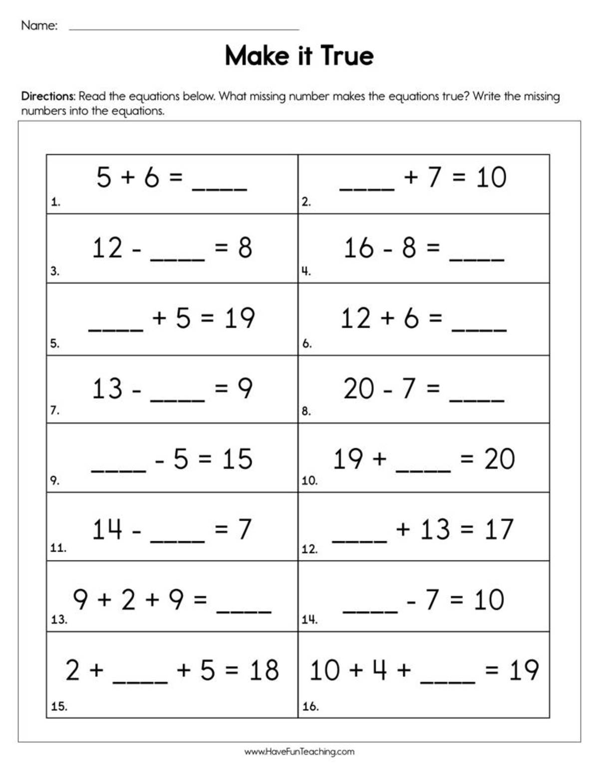 An educational teaching resource from Have Fun Teaching entitled Make it True Missing Number Addition Worksheet downloadable at Teach Simple.