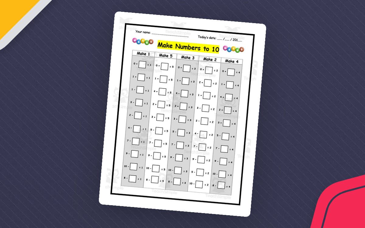 An educational teaching resource from Elementary Resources 4 U entitled Make Numbers to 10 Worksheet downloadable at Teach Simple.