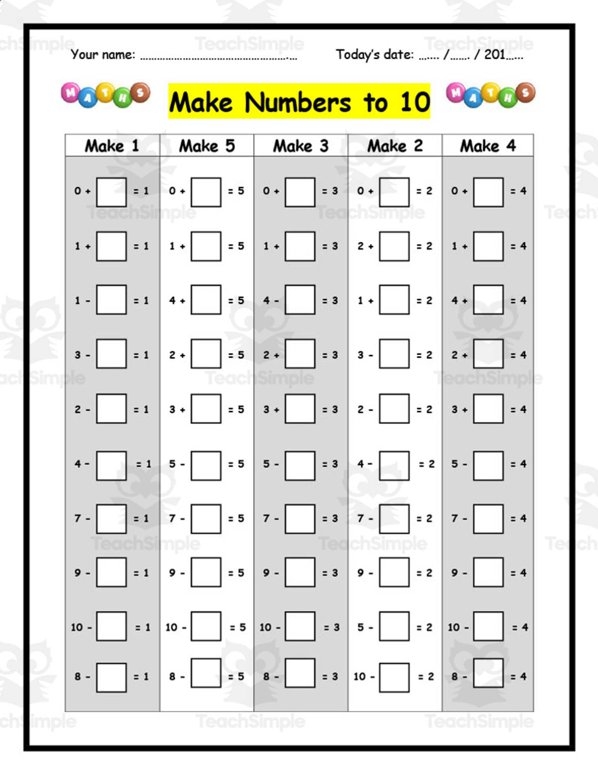An educational teaching resource from Elementary Resources 4 U entitled Make Numbers to 10 Worksheet downloadable at Teach Simple.