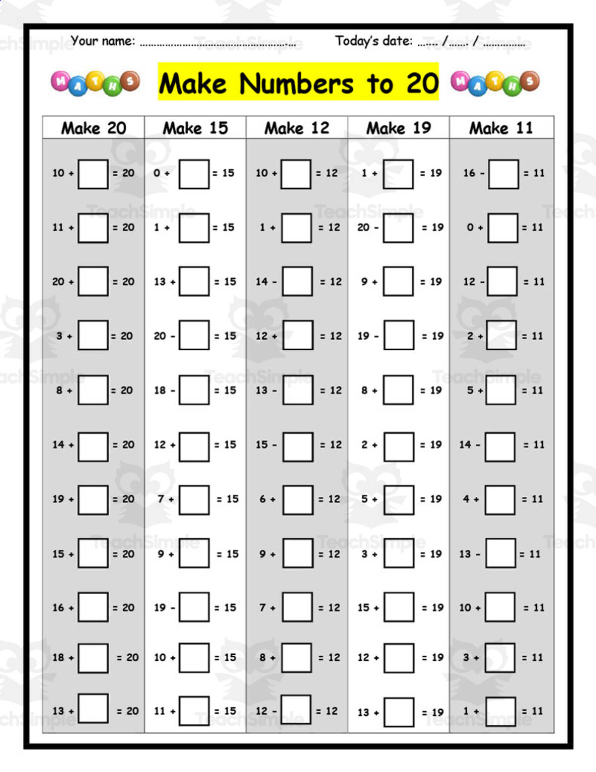 An educational teaching resource from Elementary Resources 4 U entitled Make Numbers to 20 Worksheet downloadable at Teach Simple.