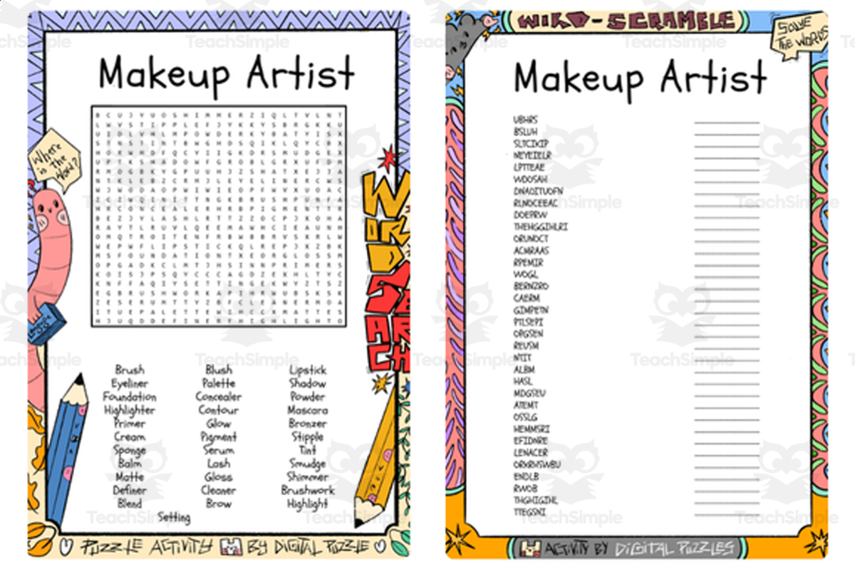 An educational teaching resource from Lapiiin Art Activities entitled Makeup Artist word search & scramble downloadable at Teach Simple.