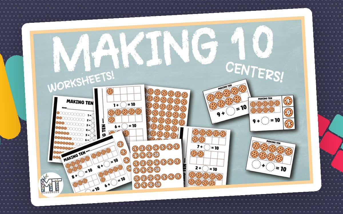 An educational teaching resource from MTResources entitled Making 10 Worksheets and Centers | Making Ten Task Cards downloadable at Teach Simple.