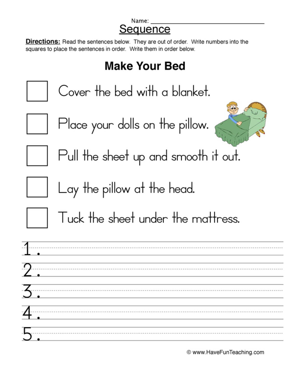 An educational teaching resource from Have Fun Teaching entitled Making a Bed Sequence Worksheet downloadable at Teach Simple.