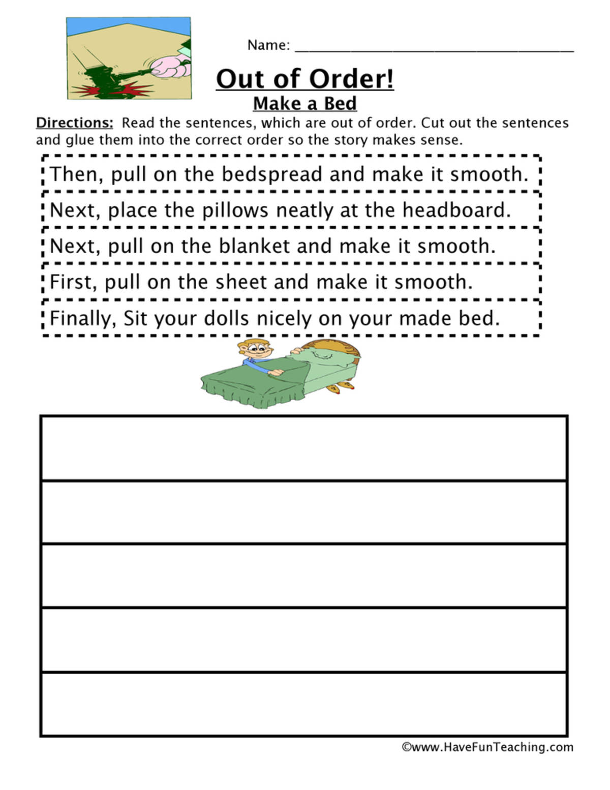An educational teaching resource from Have Fun Teaching entitled Making A Bed Sequencing Worksheet downloadable at Teach Simple.
