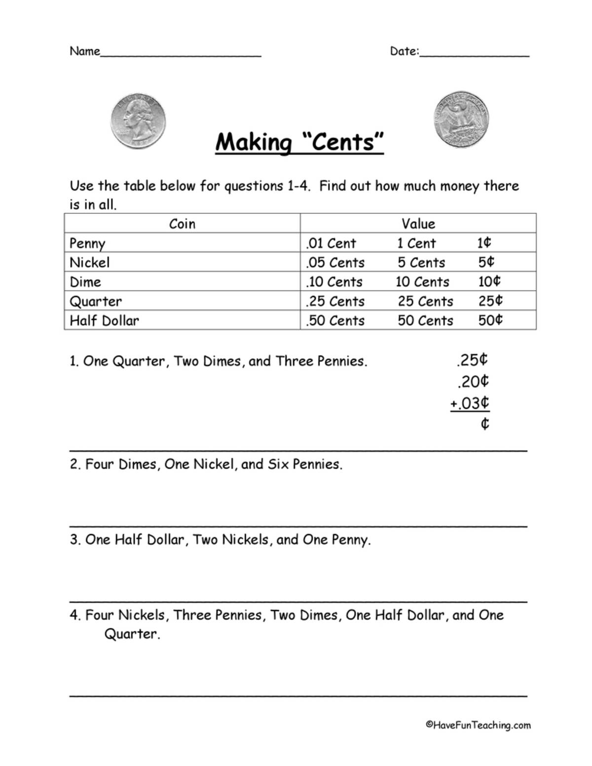An educational teaching resource from Have Fun Teaching entitled Making Cents Adding Decimals Worksheet downloadable at Teach Simple.