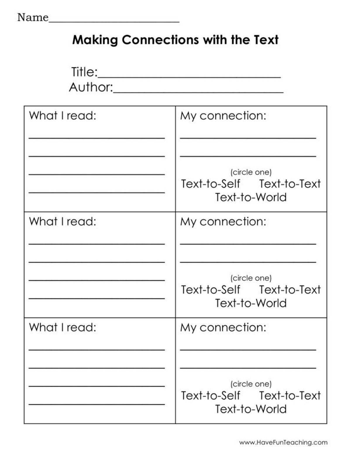 An educational teaching resource from Have Fun Teaching entitled Making Connections with the Text Graphic Organizer Worksheet downloadable at Teach Simple.