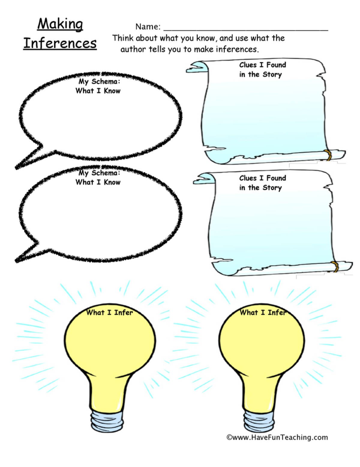 An educational teaching resource from Have Fun Teaching entitled Making Inferences Record Worksheet downloadable at Teach Simple.