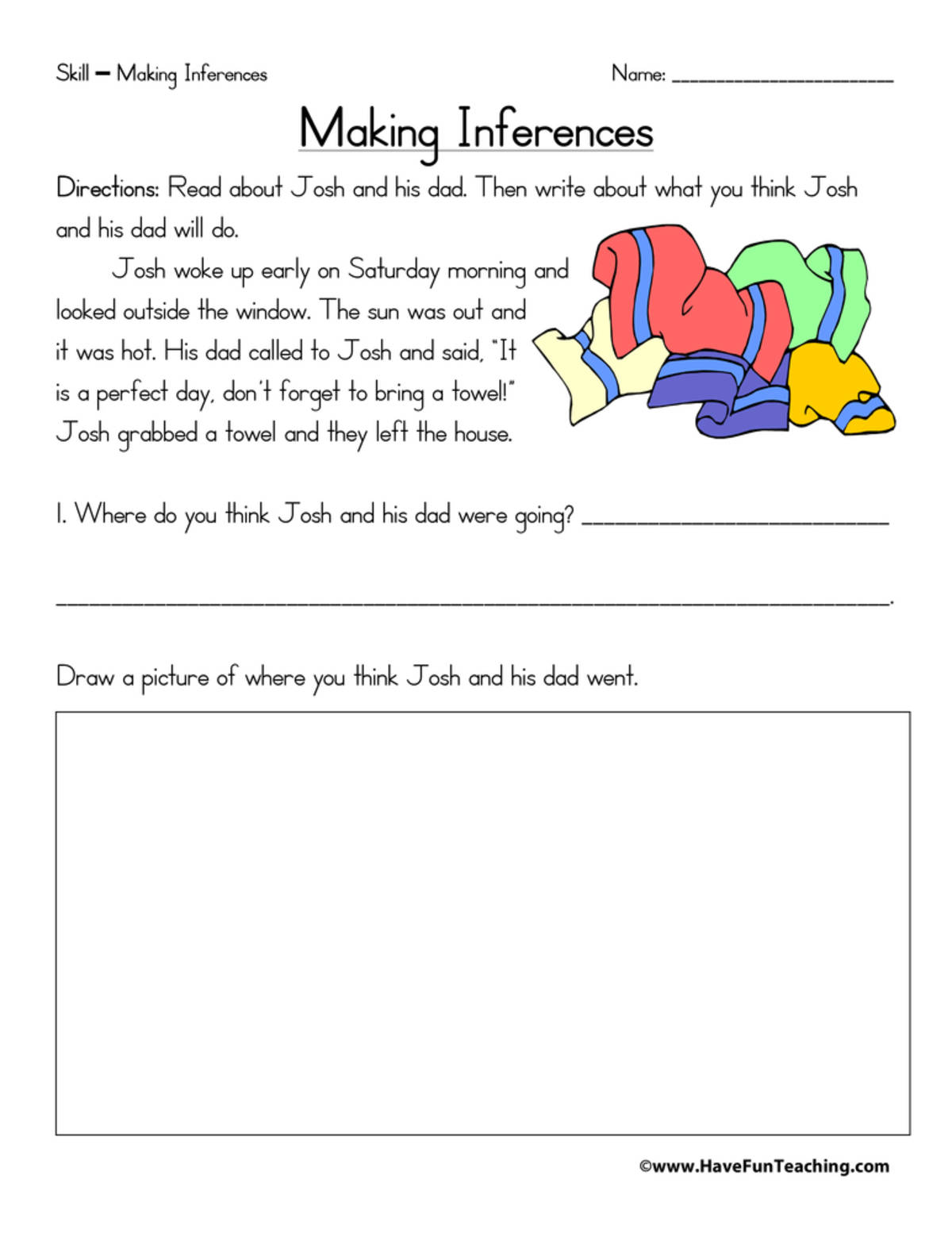 An educational teaching resource from Have Fun Teaching entitled Making Inferences Worksheet – Reading Practice downloadable at Teach Simple.