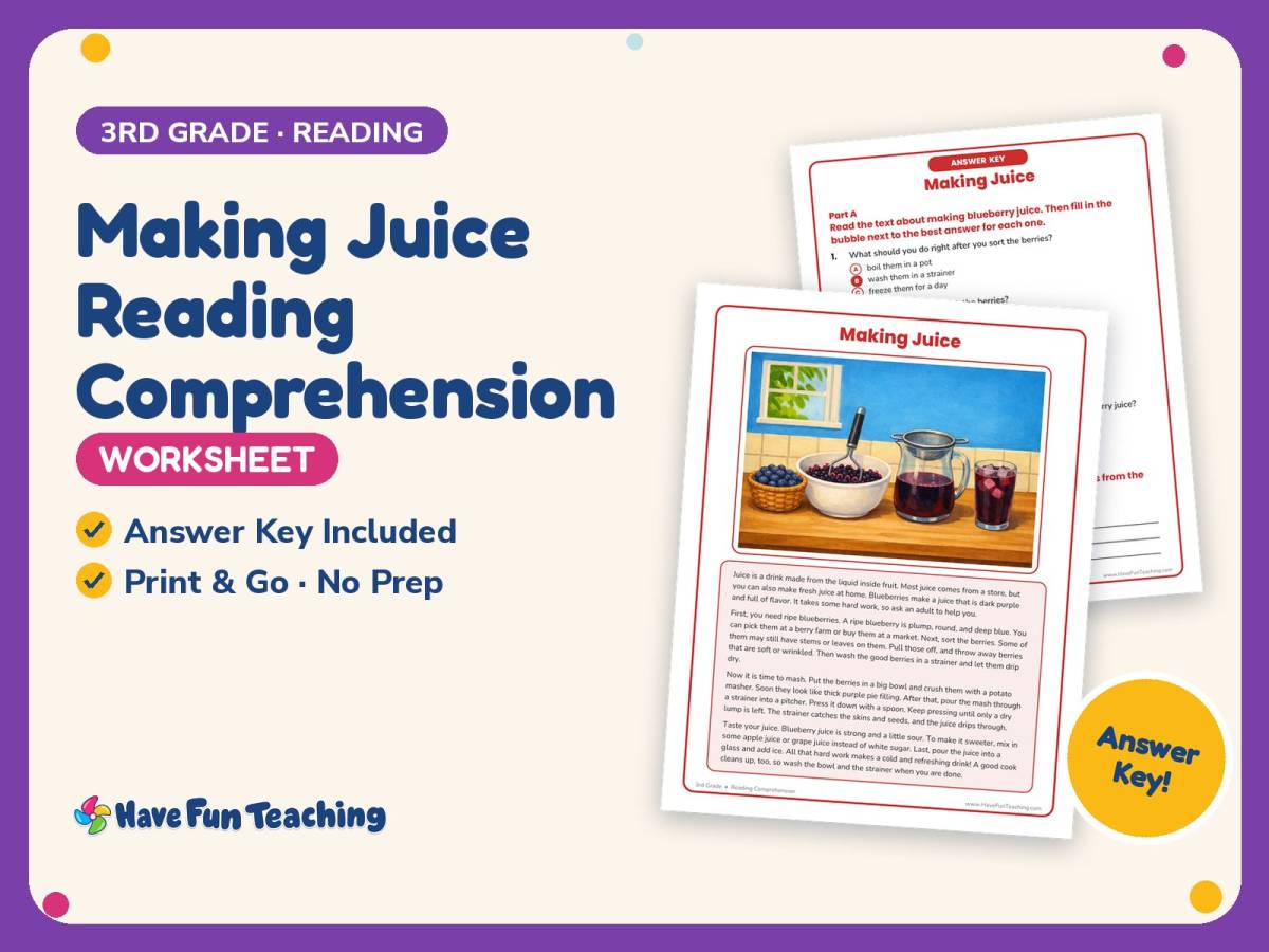 Making Juice Reading Comprehension Worksheet – 3rd Grade Practice preview
