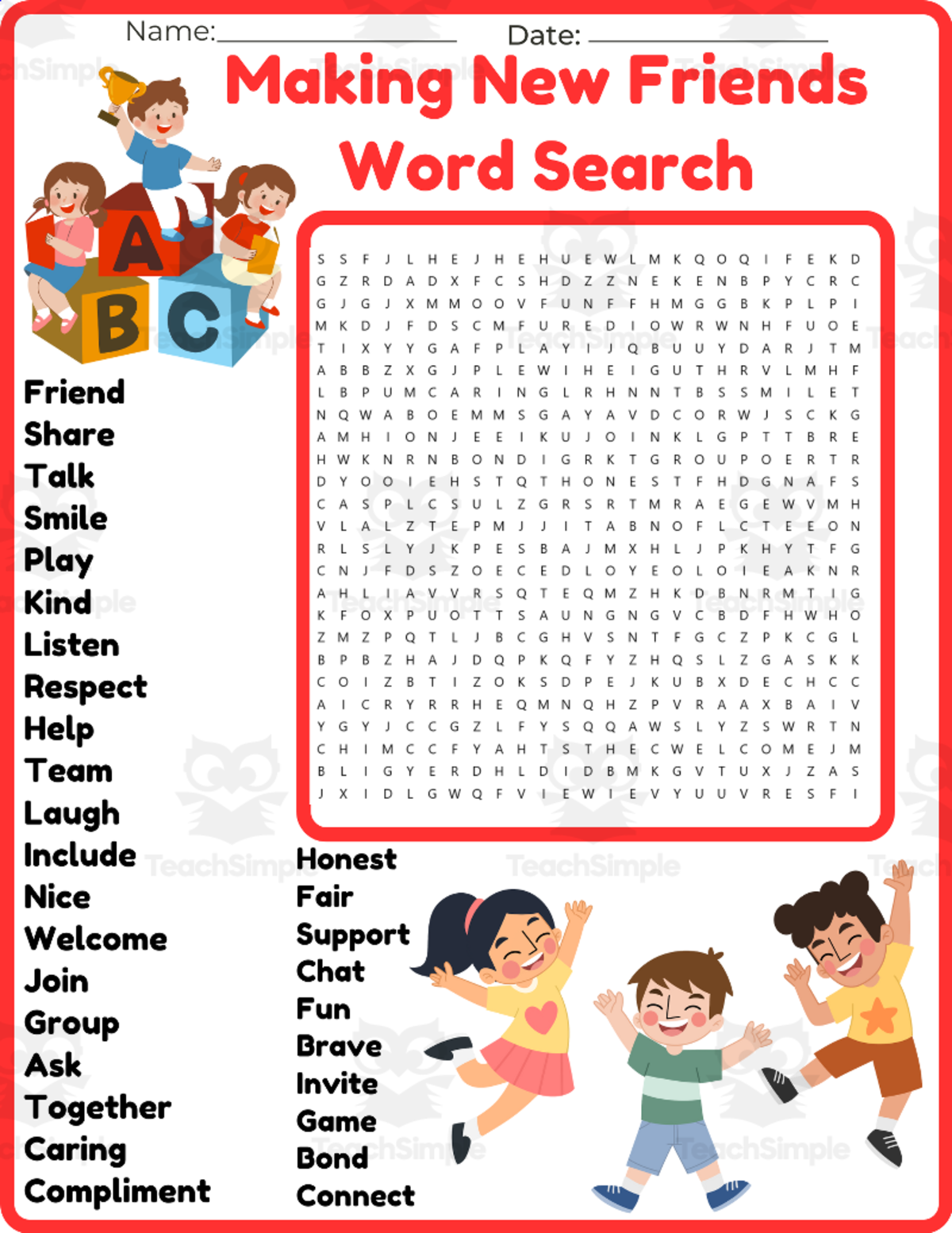 An educational teaching resource from space shope entitled Making New Friends Word Search Puzzle Worksheet Activities games downloadable at Teach Simple.