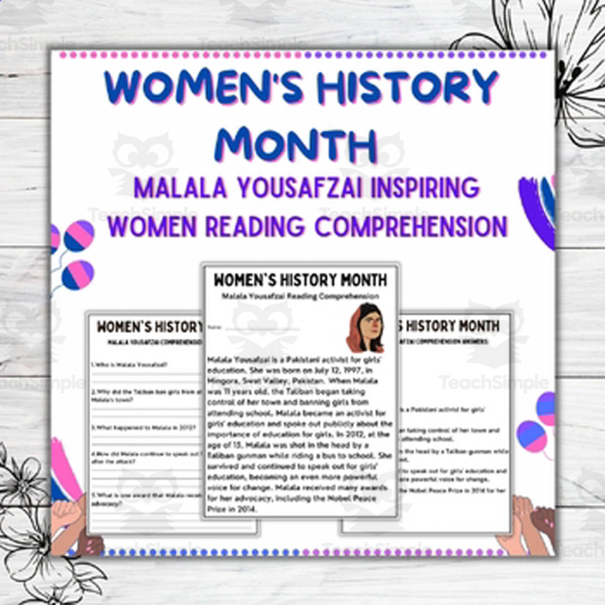 An educational teaching resource from Style Your Classroom entitled Malala Yousafzai: Inspiring Women's History Month Readings downloadable at Teach Simple.