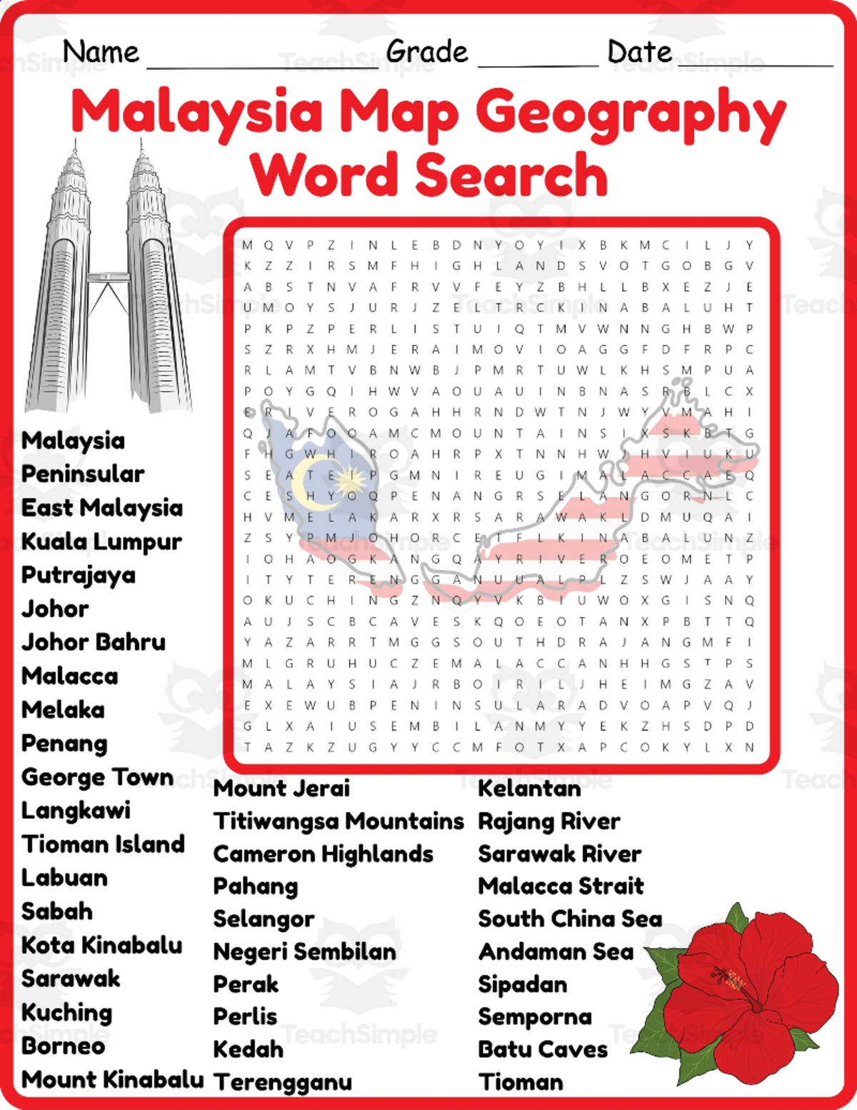 An educational teaching resource from Classsimple entitled Malaysia map geography Word Search 2rd 3th 4th 5th Grade worksheet downloadable at Teach Simple.