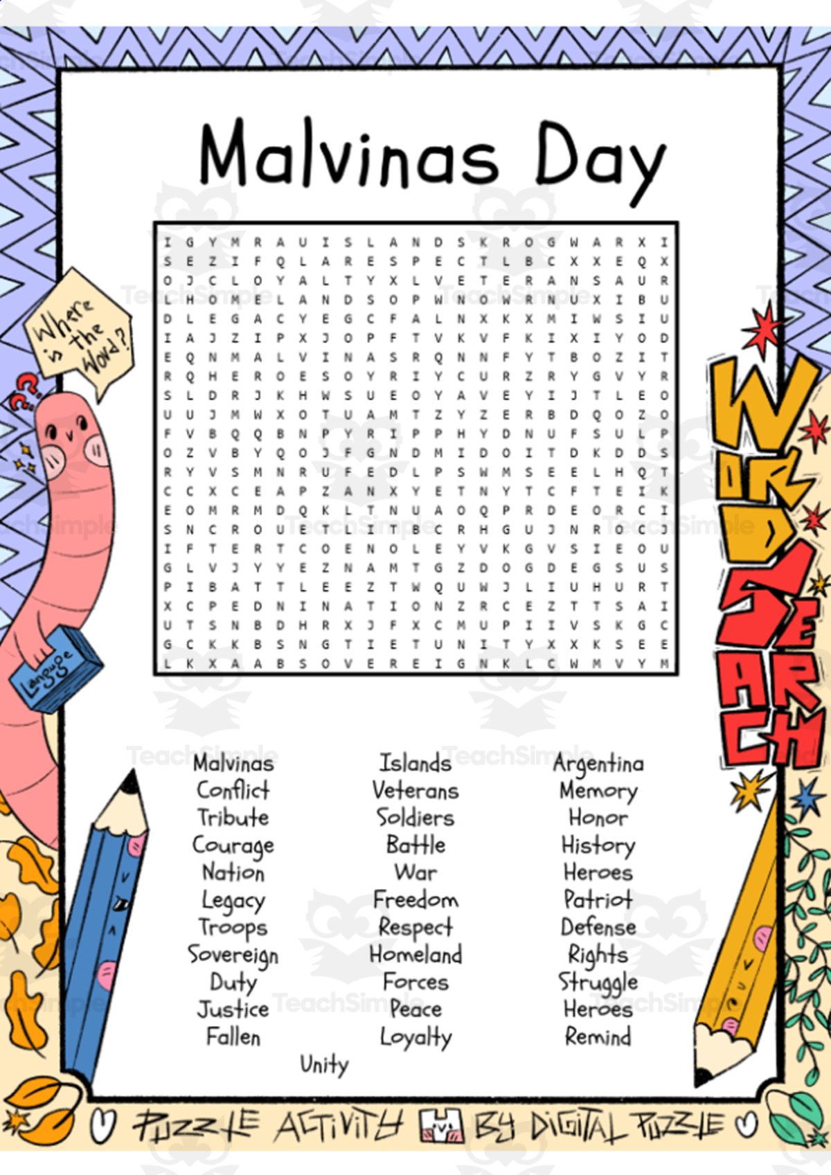 An educational teaching resource from Lapiiin Art Activities entitled Malvinas Day word search puzzle worksheet activity downloadable at Teach Simple.