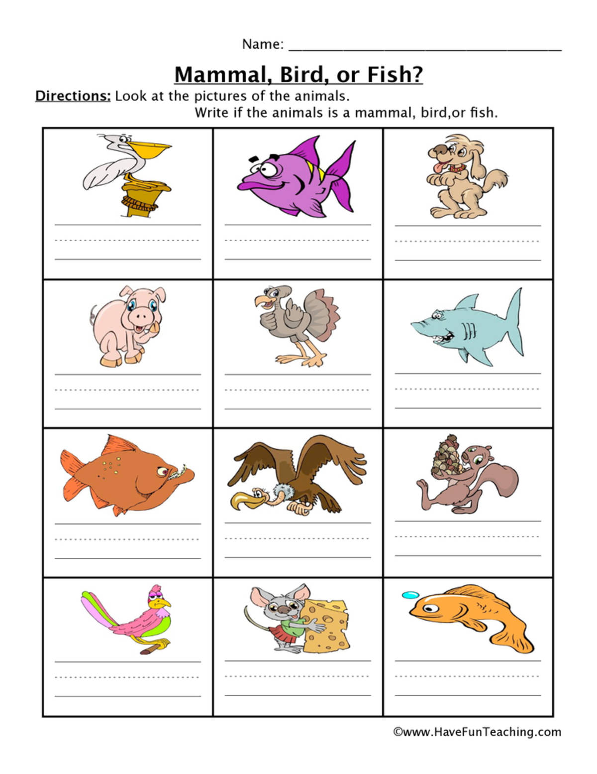 An educational teaching resource from Have Fun Teaching entitled Mammal Fish Bird Worksheet downloadable at Teach Simple.