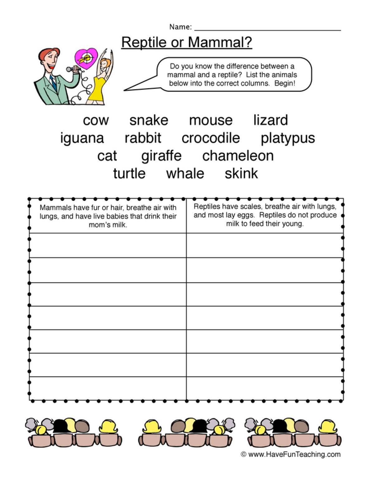 An educational teaching resource from Have Fun Teaching entitled Mammal VS Reptile Worksheet downloadable at Teach Simple.