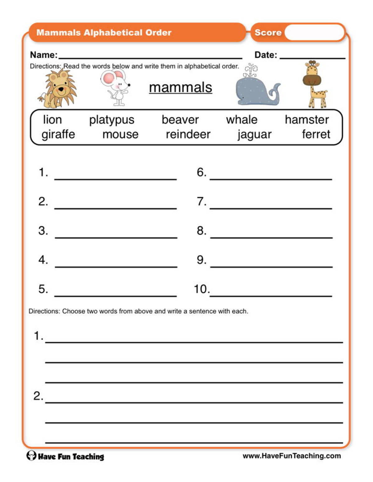 An educational teaching resource from Have Fun Teaching entitled Mammals ABC Order Worksheet downloadable at Teach Simple.