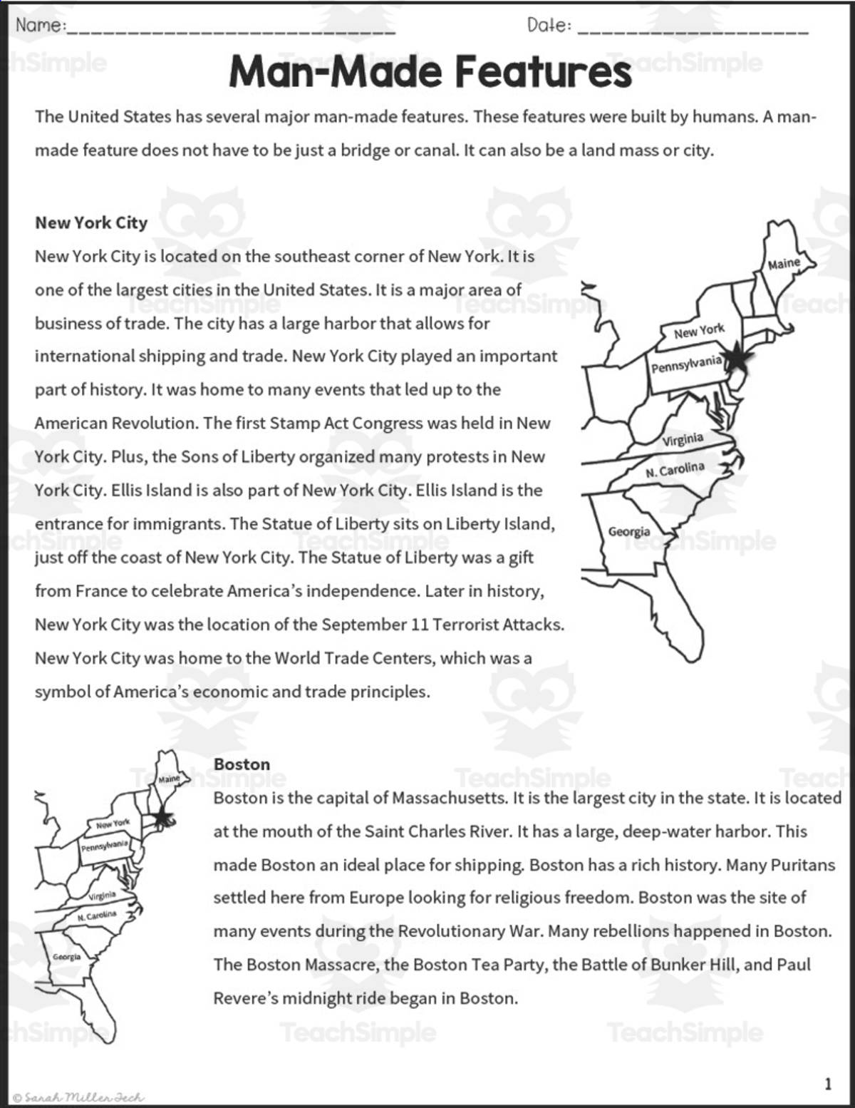 An educational teaching resource from Sarah Miller Tech entitled Man-Made Features Reading Packet downloadable at Teach Simple.