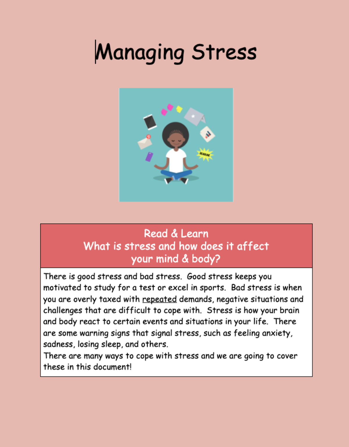An educational teaching resource from Jennifer Moyer Taylor entitled Managing Stress Hyperdoc downloadable at Teach Simple.