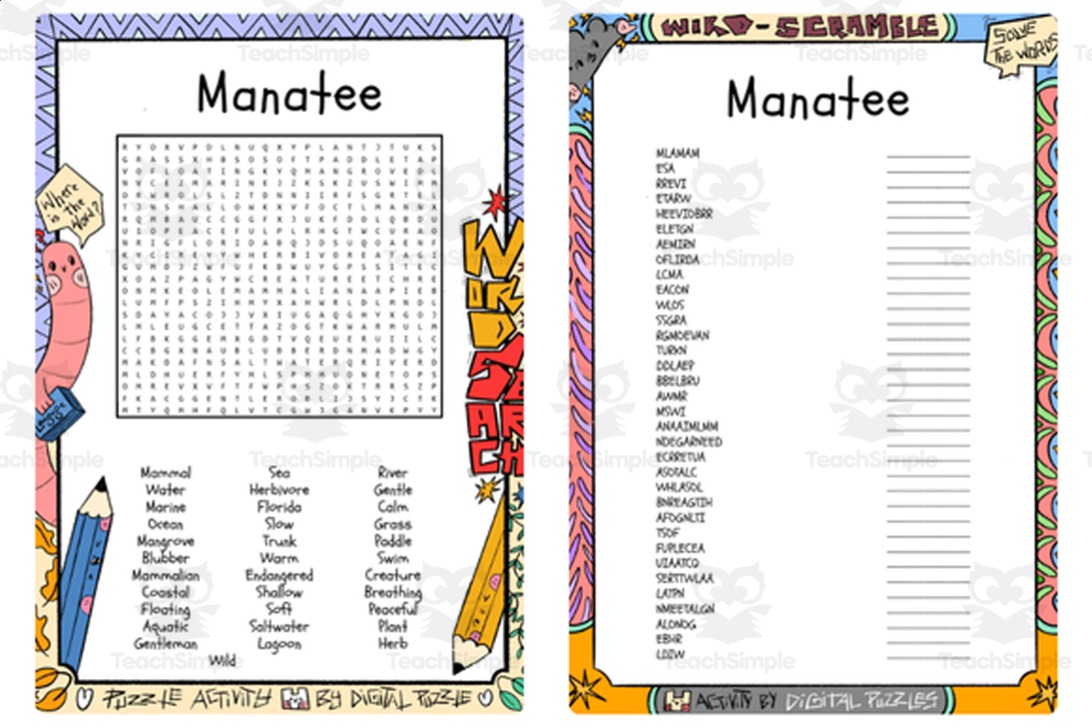 An educational teaching resource from Lapiiin Art Activities entitled Manatee word search & scramble downloadable at Teach Simple.