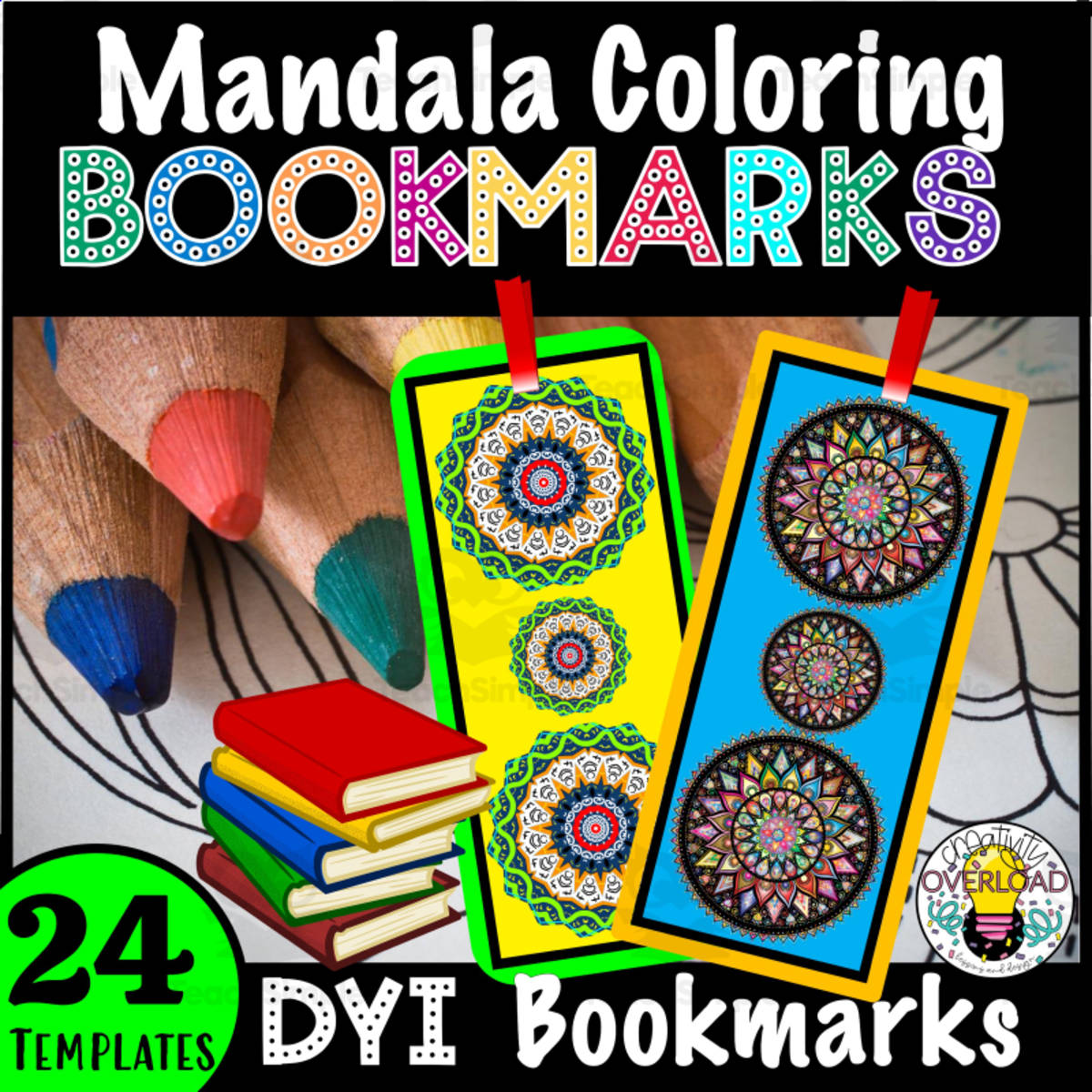 An educational teaching resource from Creativity Overload entitled Mandala DIY Bookmarks | 24 DIY printable templates for students to color downloadable at Teach Simple.