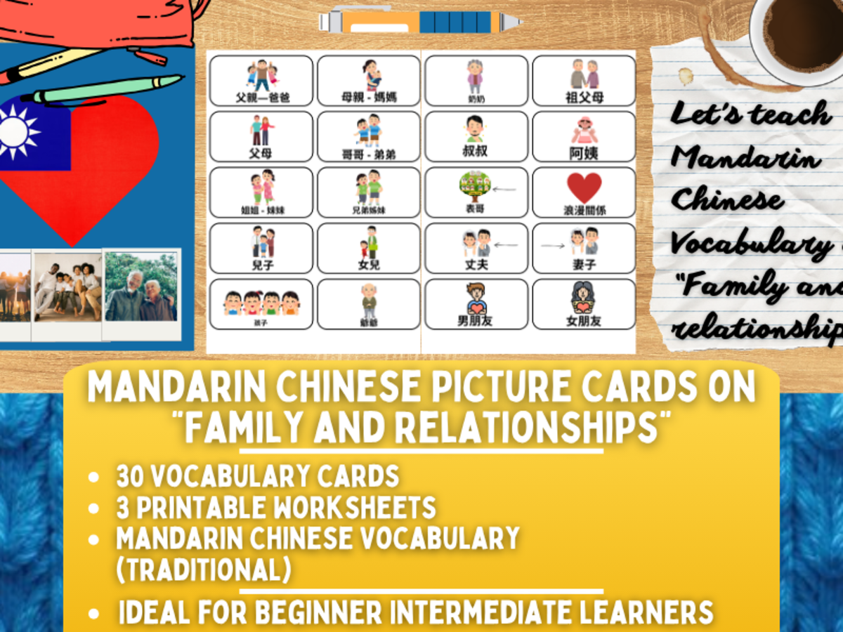 An educational teaching resource from Learning with Alan entitled Mandarin Picture Vocabulary Flashcards - Family - Traditional downloadable at Teach Simple.