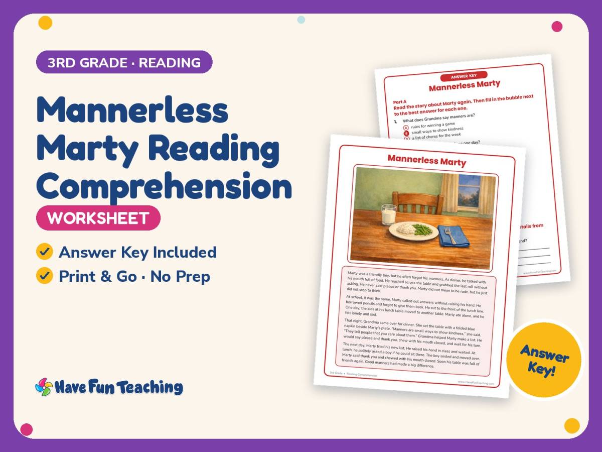 Mannerless Marty Reading Comprehension Worksheet – 3rd Grade Practice preview