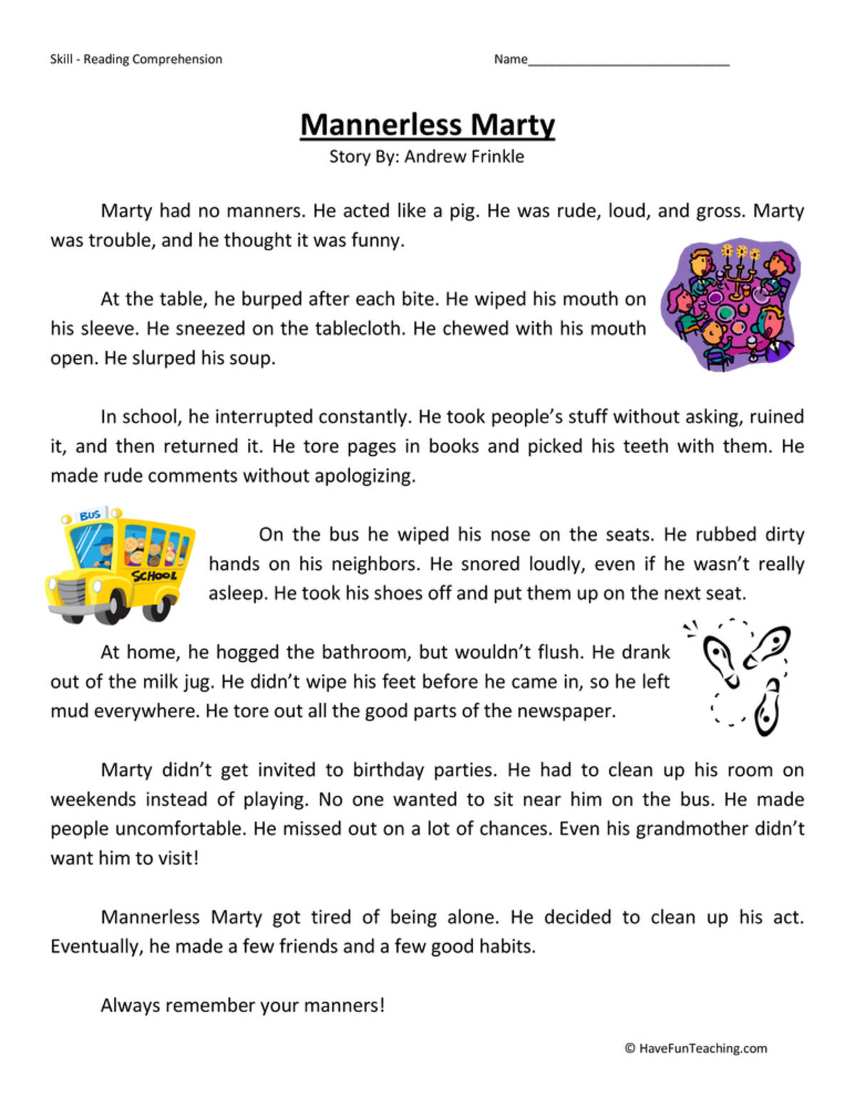 An educational teaching resource from Have Fun Teaching entitled Mannerless Marty Reading Comprehension Worksheet downloadable at Teach Simple.