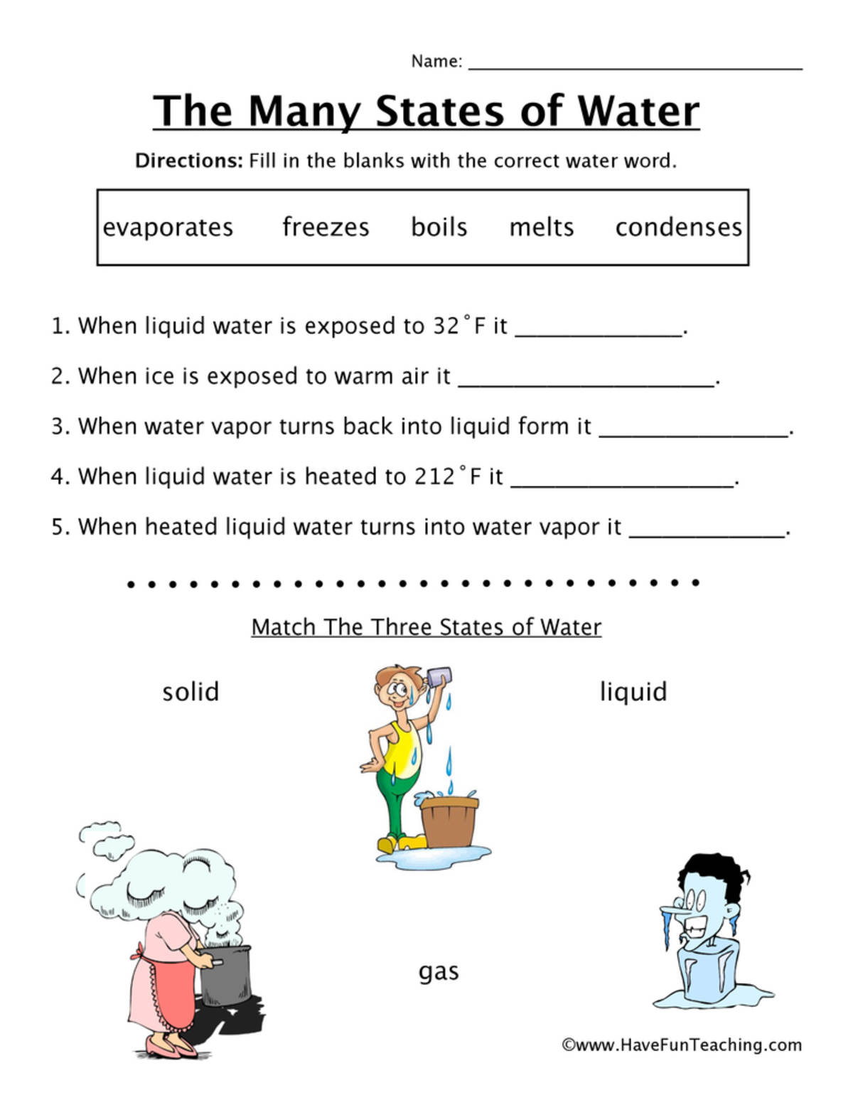 An educational teaching resource from Have Fun Teaching entitled Many States of Water Worksheet downloadable at Teach Simple.