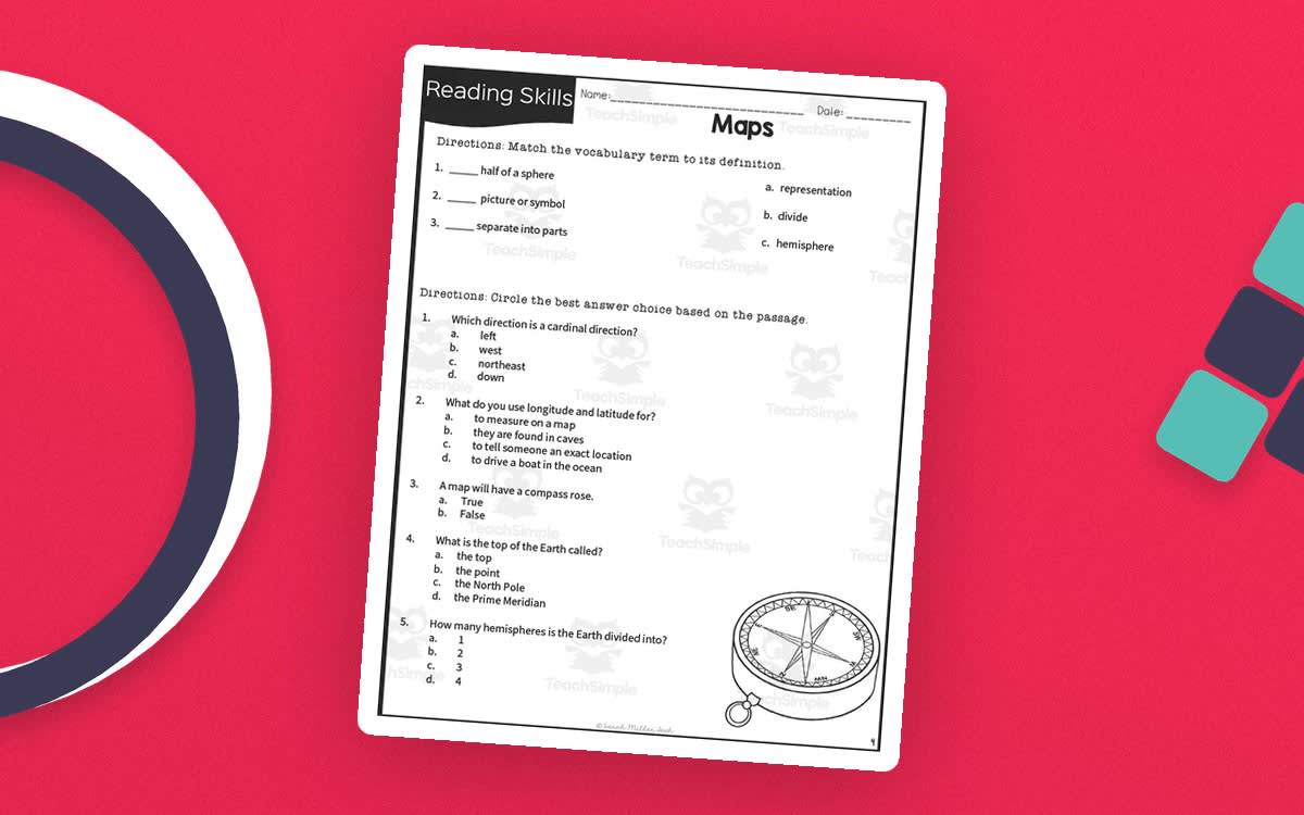 An educational teaching resource from Sarah Miller Tech entitled Map and Globe Skills for 3rd - 5th Grade Reading Packet downloadable at Teach Simple.