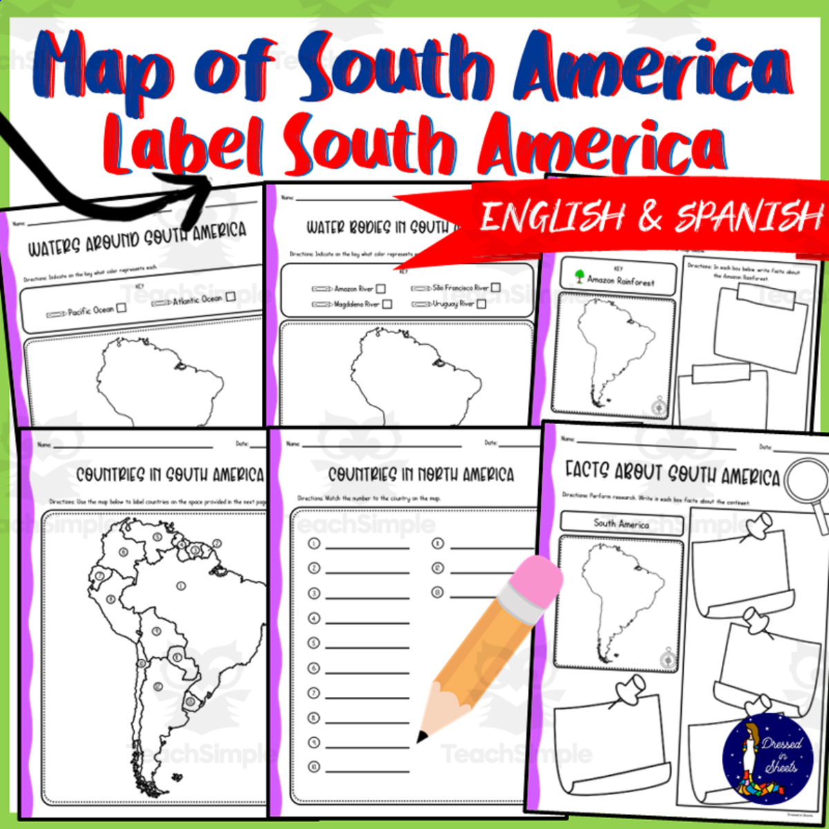 An educational teaching resource from Soumara Siddiqui entitled Map of South America Label South America downloadable at Teach Simple.