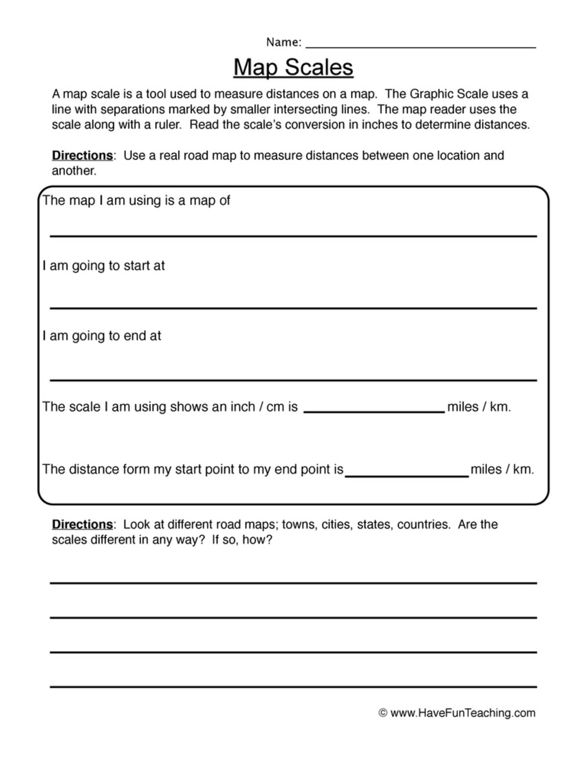 An educational teaching resource from Have Fun Teaching entitled Map Scales Worksheet downloadable at Teach Simple.
