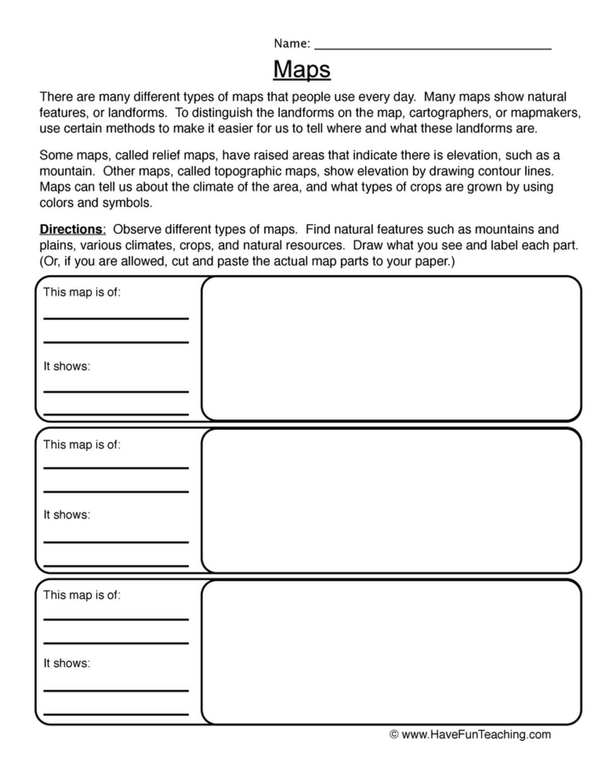 An educational teaching resource from Have Fun Teaching entitled Maps Worksheet downloadable at Teach Simple.