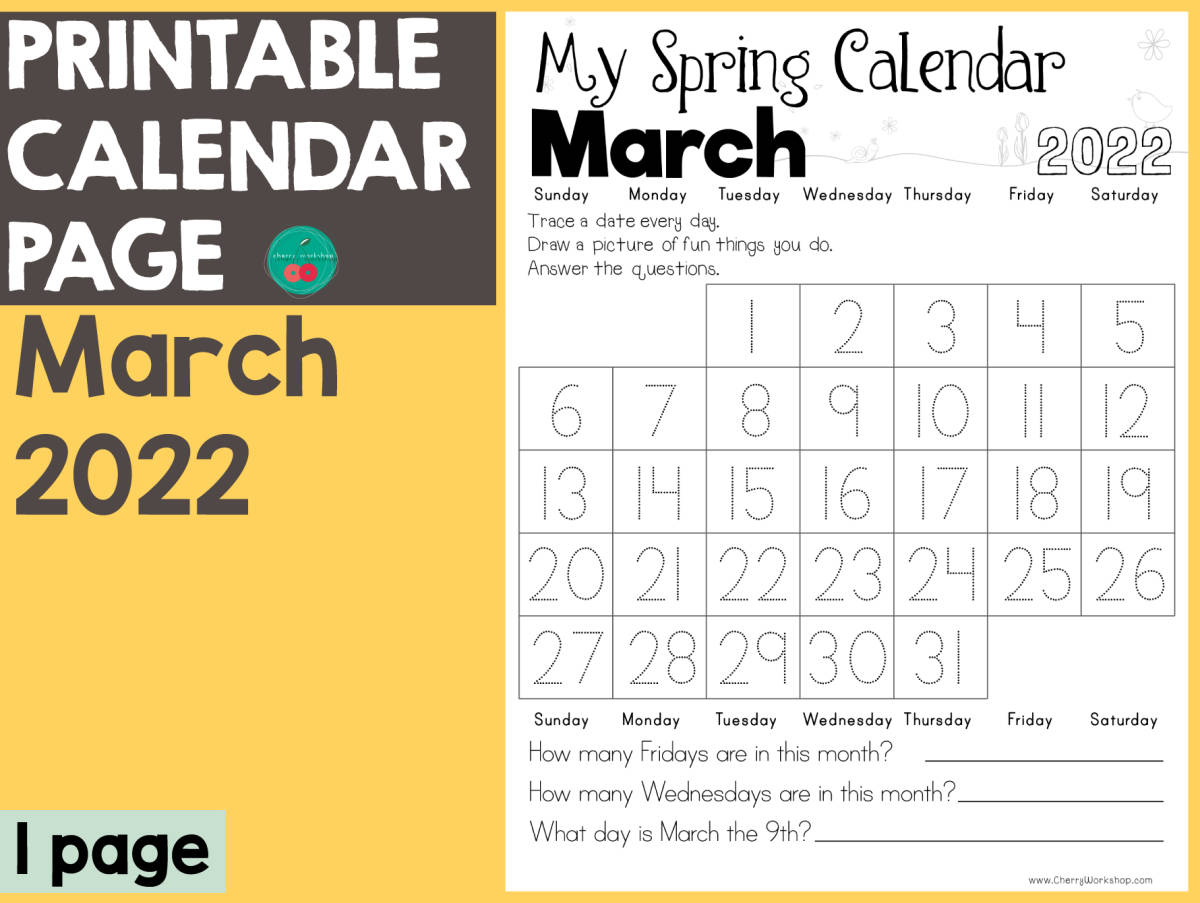 An educational teaching resource from Cherry Workshop entitled March 2022 Calendar Page – Tracing & Drawing downloadable at Teach Simple.